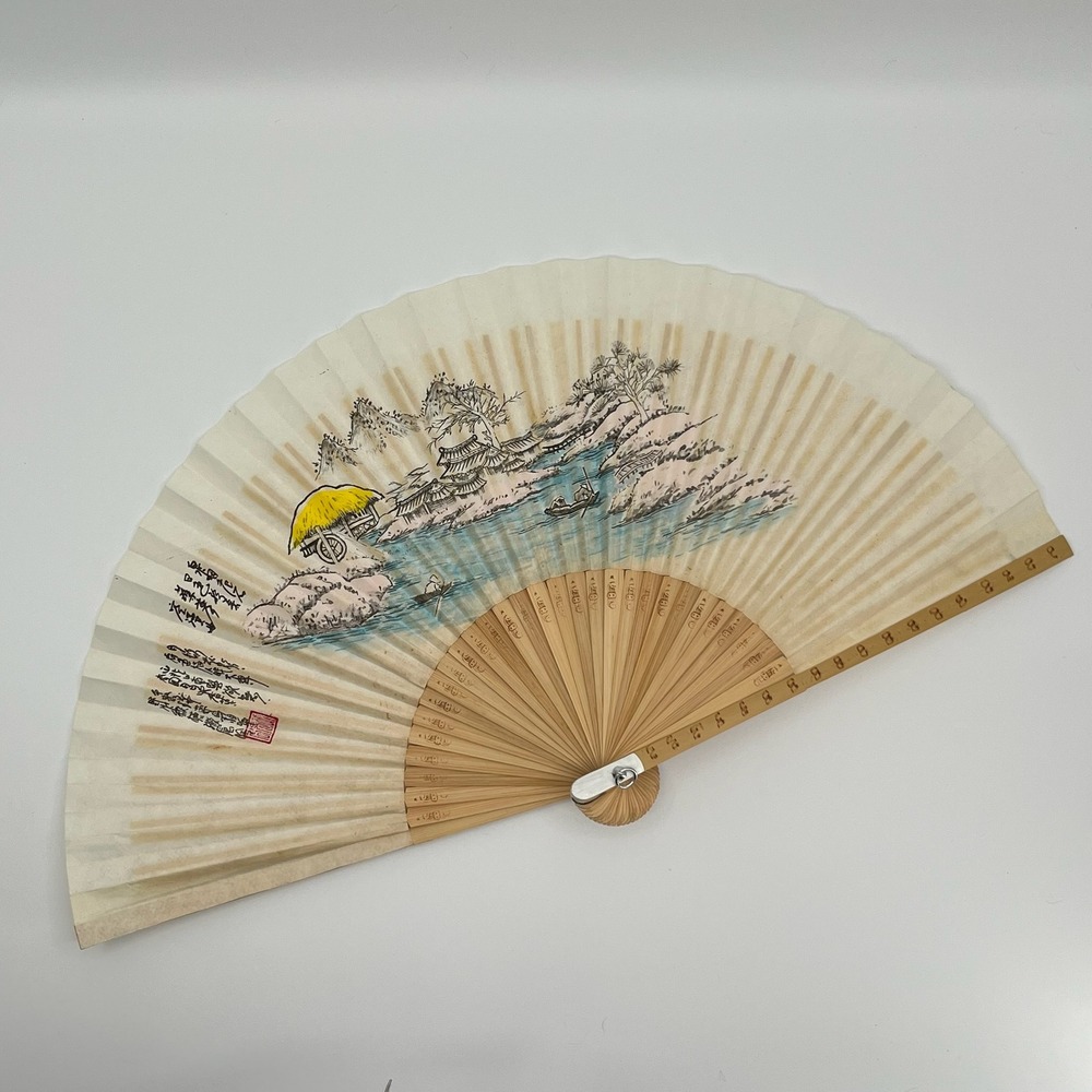 Vtg Korean Hand Painted Bamboo Folding Fan Landscape Paper w Box Damyang Craft